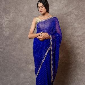 Royal Blue Lehariya Saree with Pearl Kundan Work | 20 Gram Georgette | Jaipurio Traditional Wear